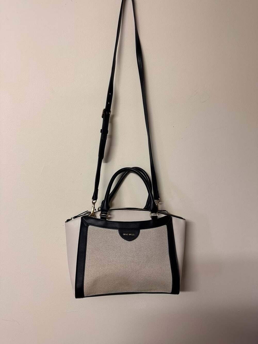 Nine West Josie Satchel Black White Canvas Crossbody Bag